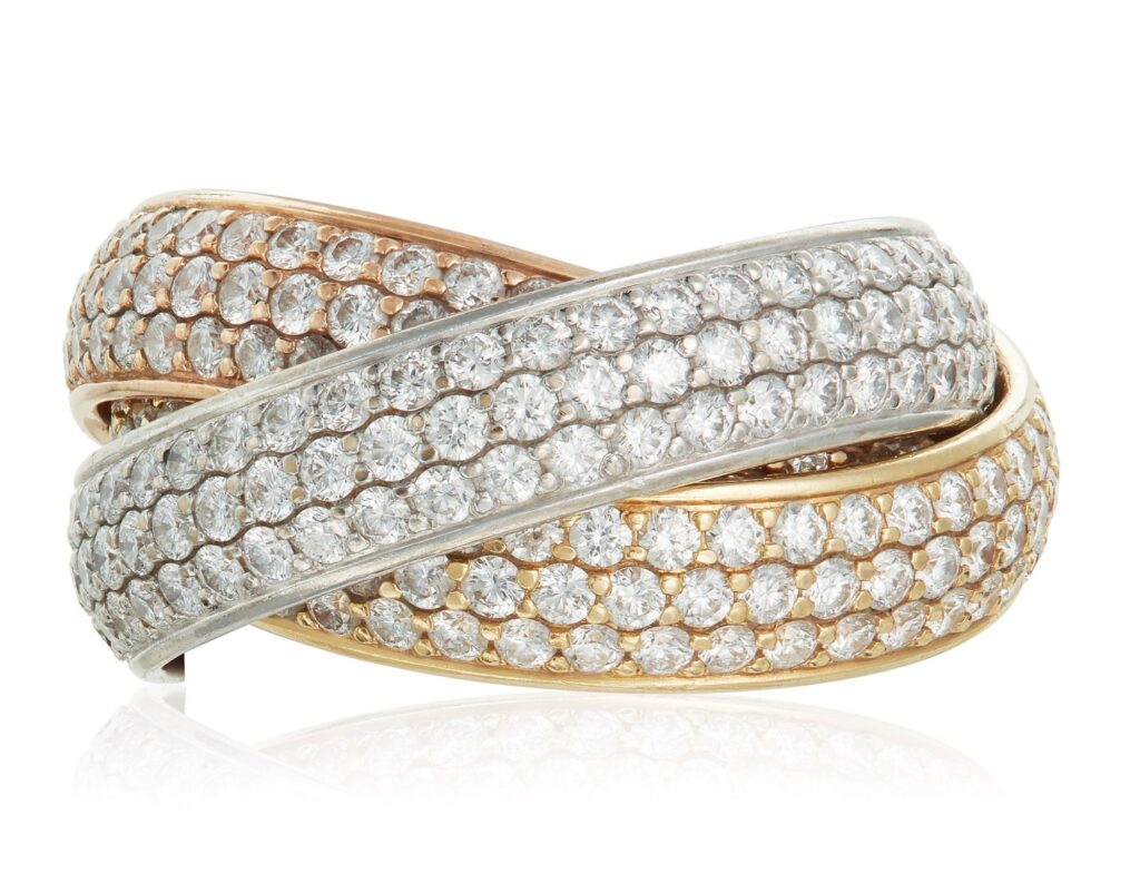 Bague Cartier Trinity en or jaune, or blanc et or rose, modèle iconique de 1924