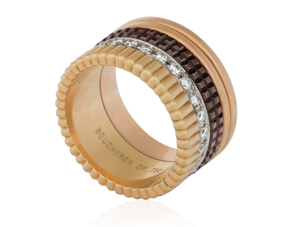 Bague Quatre Boucheron, quatre anneaux signature en or jaune, or blanc, or rose et clous de Paris