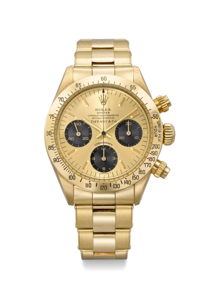 Rolex Cosmograph Daytona ref. 6265 chronographe en or 14K, double signature Tiffany & Co., circa 1978