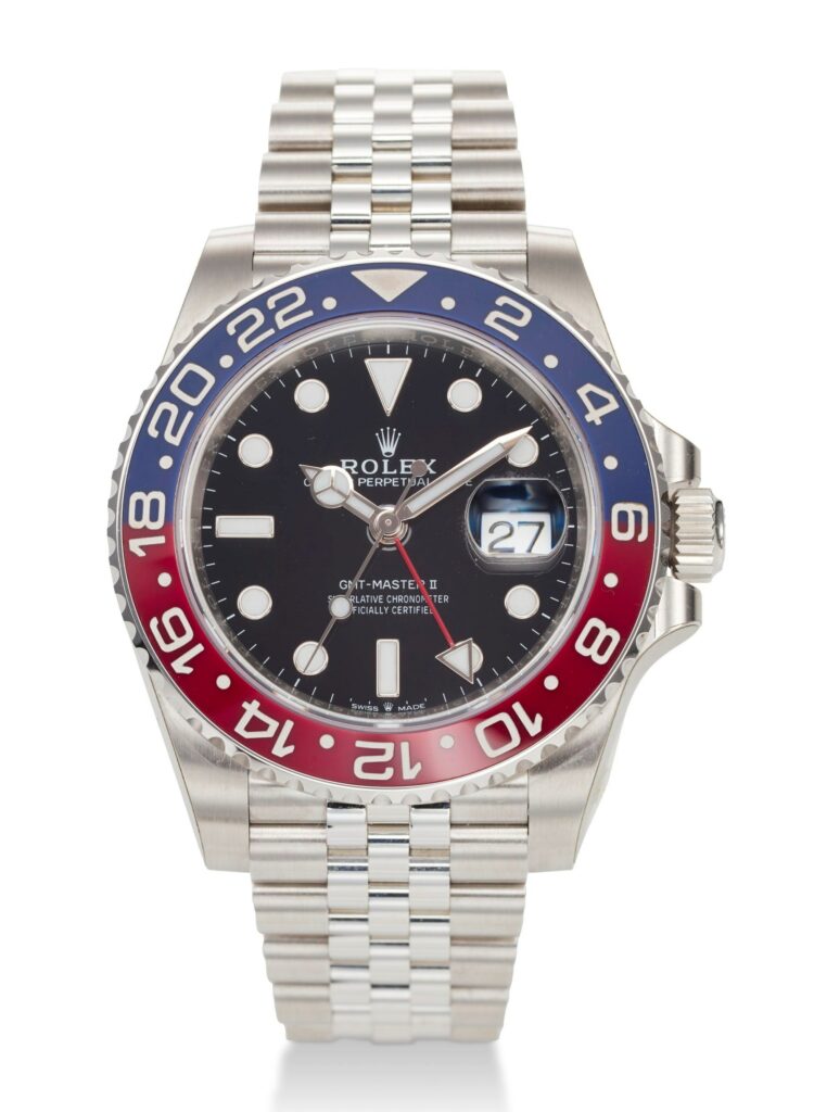 Rolex GMT-Master II en acier, lunette bicolore et aiguille 24h, montre voyageur